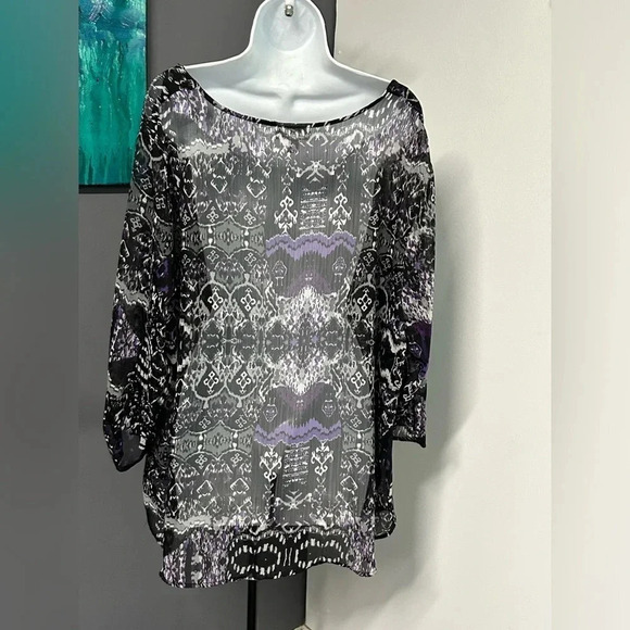 Women’s 3X SHEER Blouse Gray Purple Pleat Ruffle Long Sleeve Whimsigoth - Picture 7 of 15